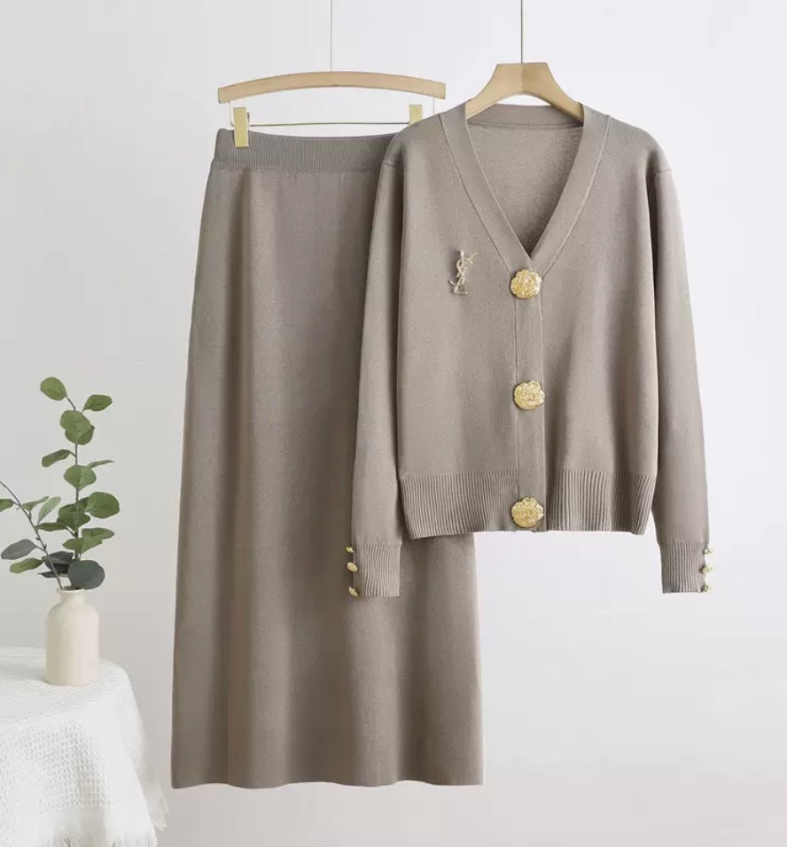 Women’s gold detail button co-ord skirt set