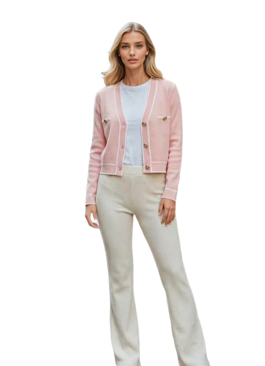 Women’s crop top cardigan with high waisted trousers & handbag outfit