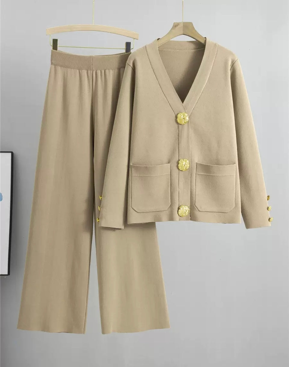 Women’s gold detail button co-ord long sleeve trouser set