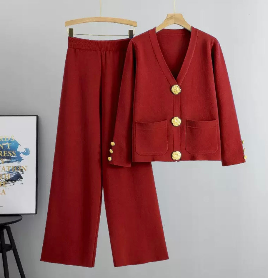 Women’s gold detail button co-ord long sleeve trouser set