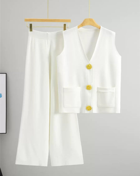 Women’s gold detail button co-ord short sleeve trouser set