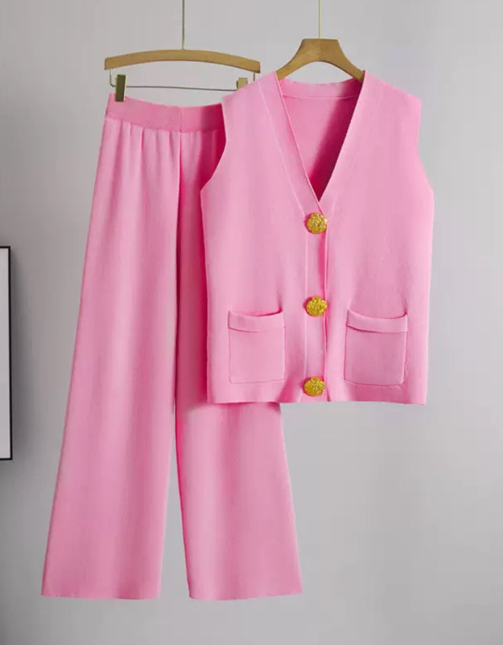 Women’s gold detail button co-ord short sleeve trouser set