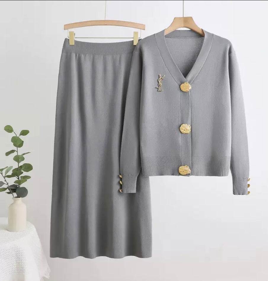 Women’s gold detail button co-ord skirt set